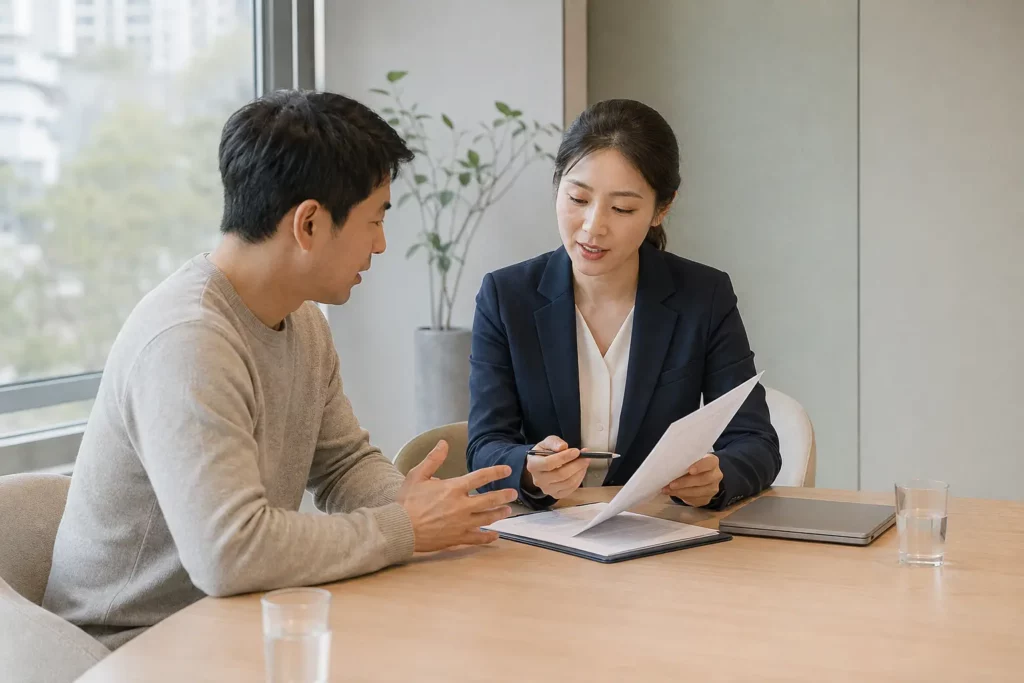 세무사와 사업자가 기장 업무와 세금 신고 자료를 상담하는 모습