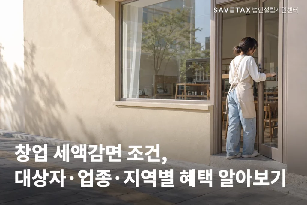 게 문을 열고 들어가는 창업자의 뒷모습과 ‘창업 세액감면 조건, 대상자·업종·지역별 혜택 알아보기’ 문구