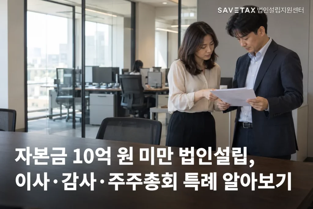 회사 사무실에서 두 사람이 서류를 함께 살펴보는 모습과 ‘자본금 10억 원 미만 법인설립, 이사·감사·주주총회 특례 알아보기’ 문구