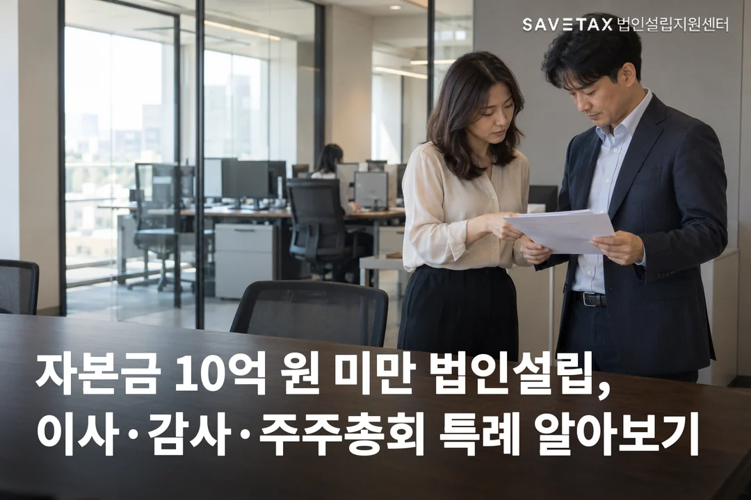 회사 사무실에서 두 사람이 서류를 함께 살펴보는 모습과 ‘자본금 10억 원 미만 법인설립, 이사·감사·주주총회 특례 알아보기’ 문구