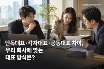 세 사람이 서류를 검토하는 모습과 ‘단독대표·각자대표·공동대표 차이, 우리 회사에 맞는 대표 방식은?’ 제목