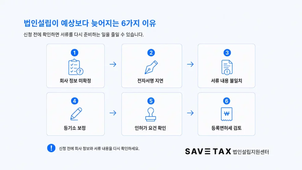 1인 법인설립 일정이 늦어지는 상호·서명·서류 불일치·보정·인허가·중과세 원인 6가지