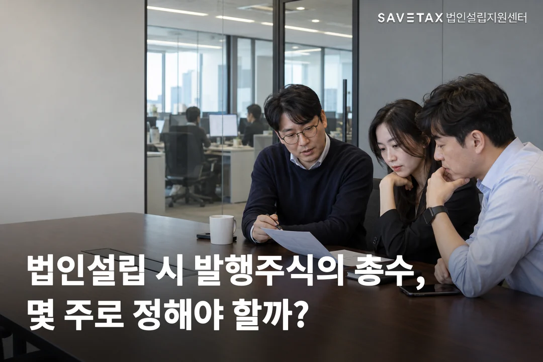 회사 회의실에서 세 사람이 서류를 함께 검토하는 모습과 ‘법인설립 시 발행주식의 총수, 몇 주로 정해야 할까?’ 문구