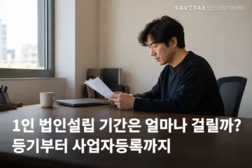사무실에서 한 사람이 서류를 살펴보는 모습과 ‘1인 법인설립 기간은 얼마나 걸릴까? 등기부터 사업자등록까지’ 문구
