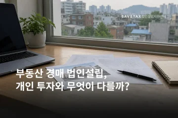 동네 건물이 보이는 창가 책상에 놓인 노트북과 건물 사진, 부동산 관련 서류