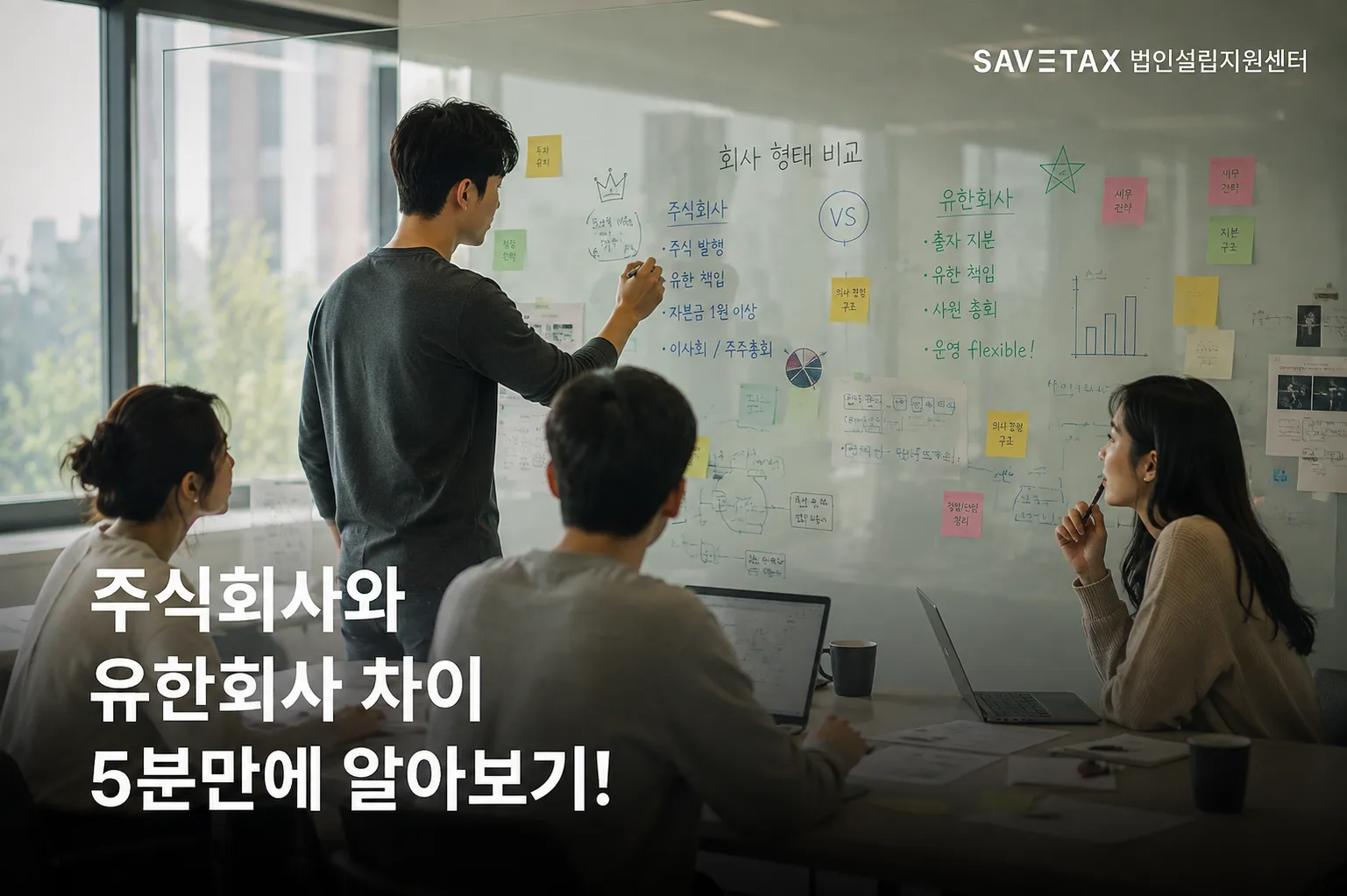 주식회사와 유한회사 차이를 논의하는 회의 모습