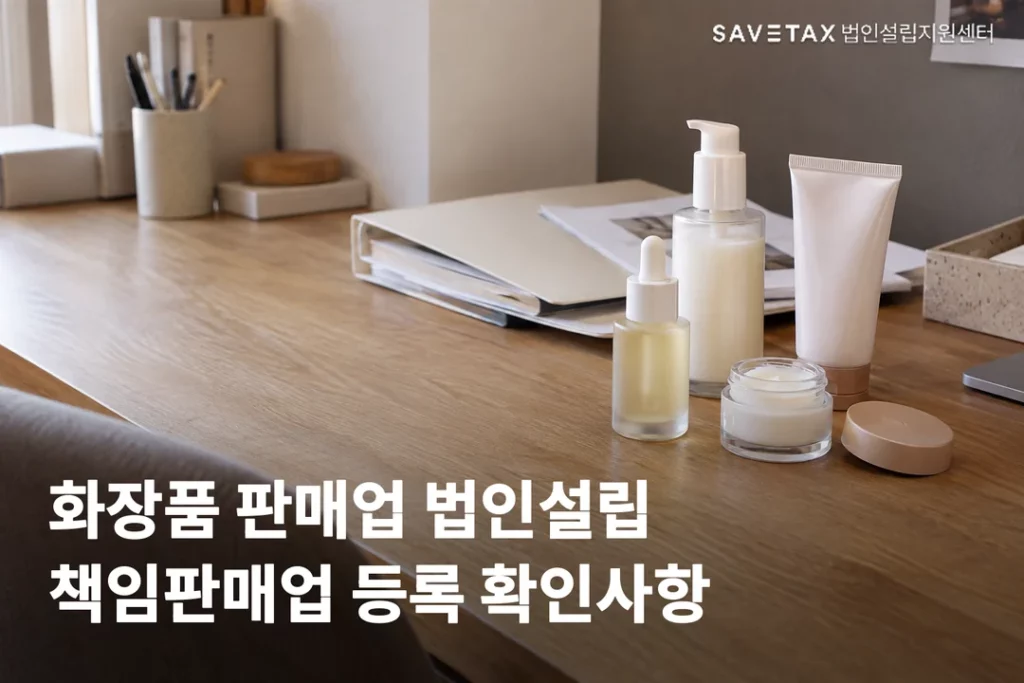 화장품 샘플과 업무 서류가 놓인 책상, 화장품 판매업 법인설립·책임판매업 등록 안내 문구