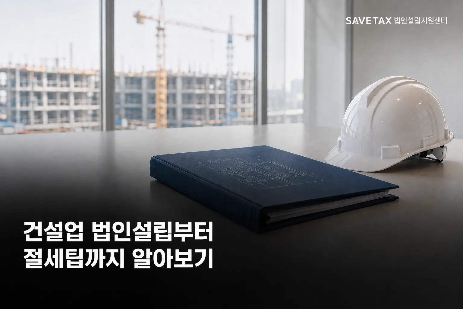 건설 현장이 보이는 사무실 책상 위 안전모와 설계도면, 건설업 법인설립부터 절세팁까지 알아보기