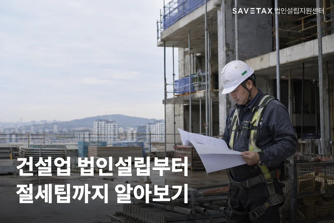 건설 현장에서 도면을 살펴보는 담당자와 ‘건설업 법인설립부터 절세팁까지 알아보기’ 문구