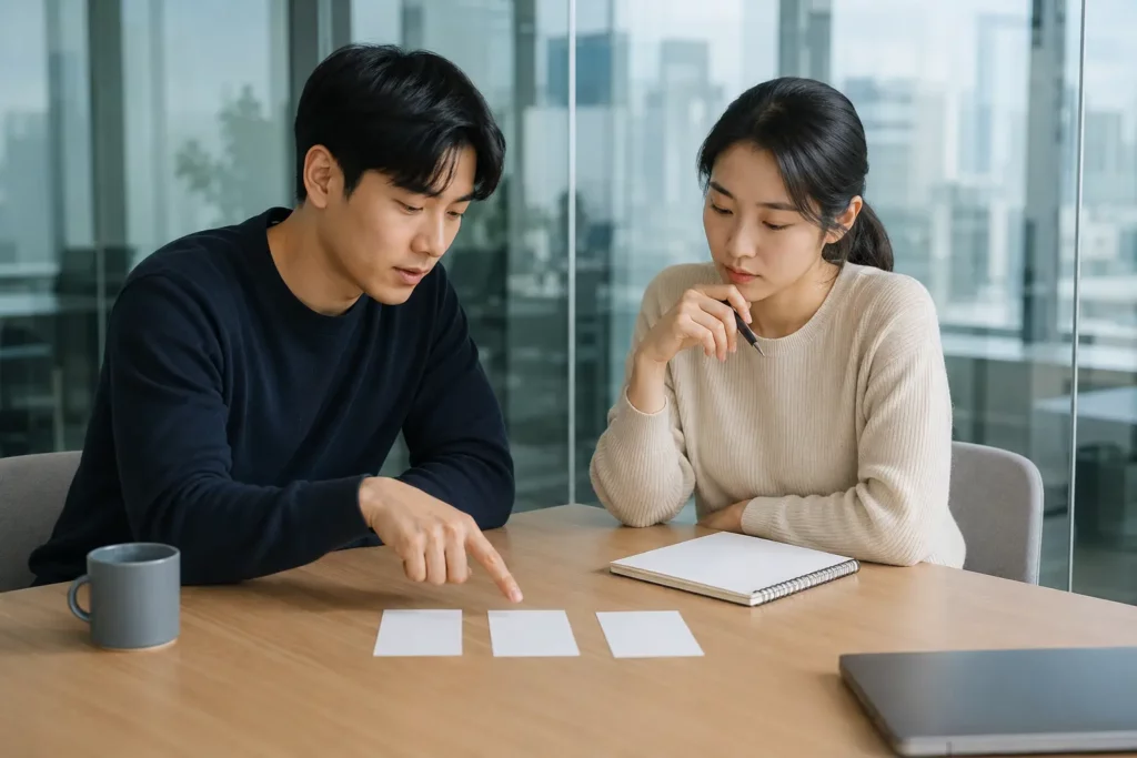 법인설립 회사 유형을 비교하며 논의하는 두 명의 창업자