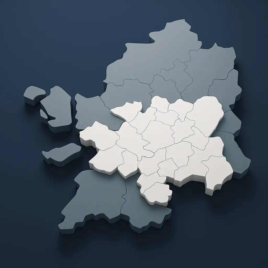 프랑스 지도 형태를 입체적으로 표현한 3D 일러스트로, 중앙 지역이 밝은 색으로 강조되고 주변 지역은 어두운 색으로 구분된 모습