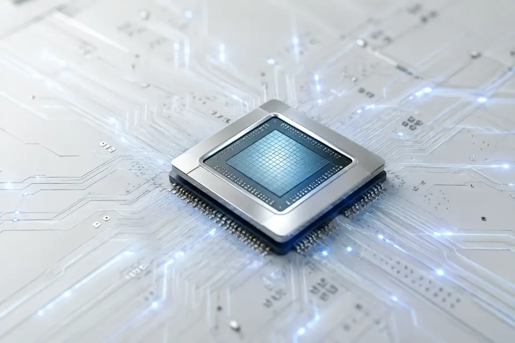 AI 서비스의 데이터 처리와 인공지능 기술을 상징하는 반도체 칩