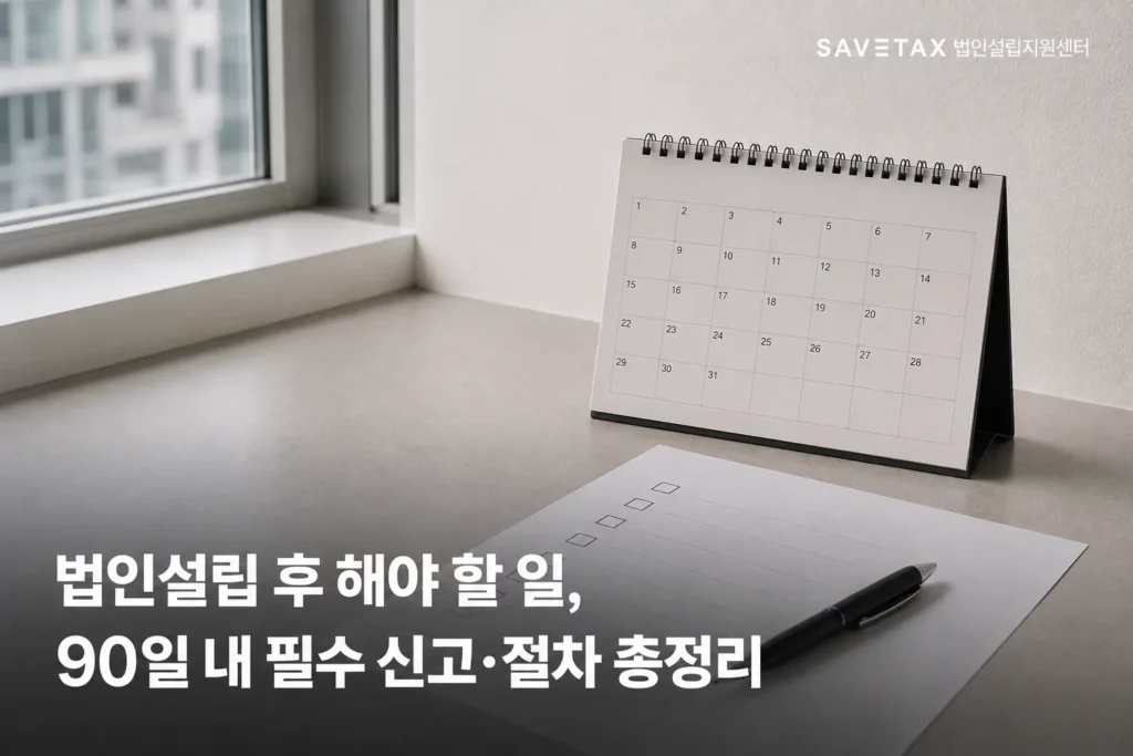 법인설립 후 90일 내 필수 신고와 절차를 안내하는 달력과 체크리스트 이미지