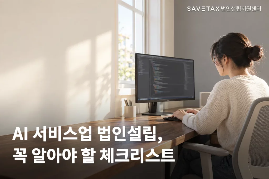 밝은 창가에서 개발자가 모니터를 보며 작업하는 모습. 이미지에 ‘AI 서비스업 법인설립, 꼭 알아야 할 체크리스트’ 문구가 적혀 있다.