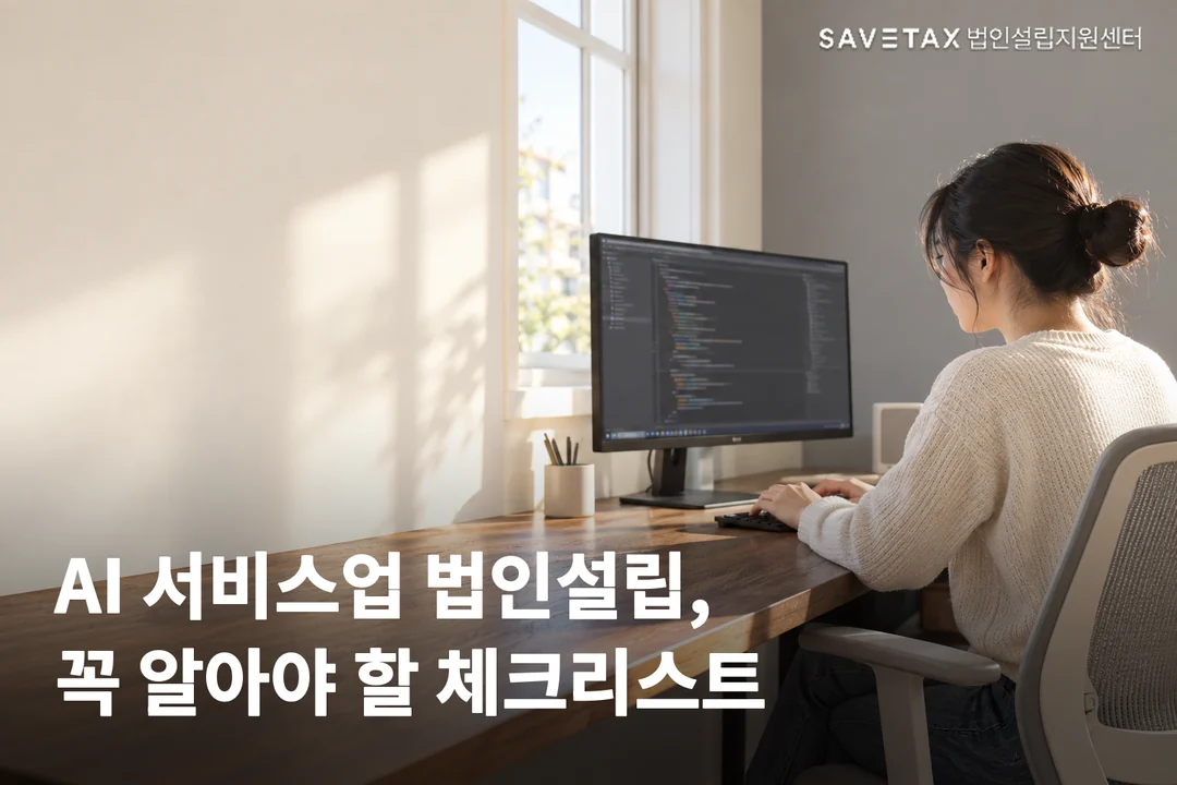 밝은 창가에서 개발자가 모니터를 보며 작업하는 모습. 이미지에 ‘AI 서비스업 법인설립, 꼭 알아야 할 체크리스트’ 문구가 적혀 있다.