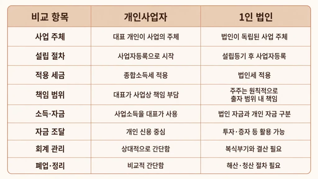 개인사업자와 1인 법인의 사업 주체, 세금, 책임, 자금 사용과 투자 방식 비교표