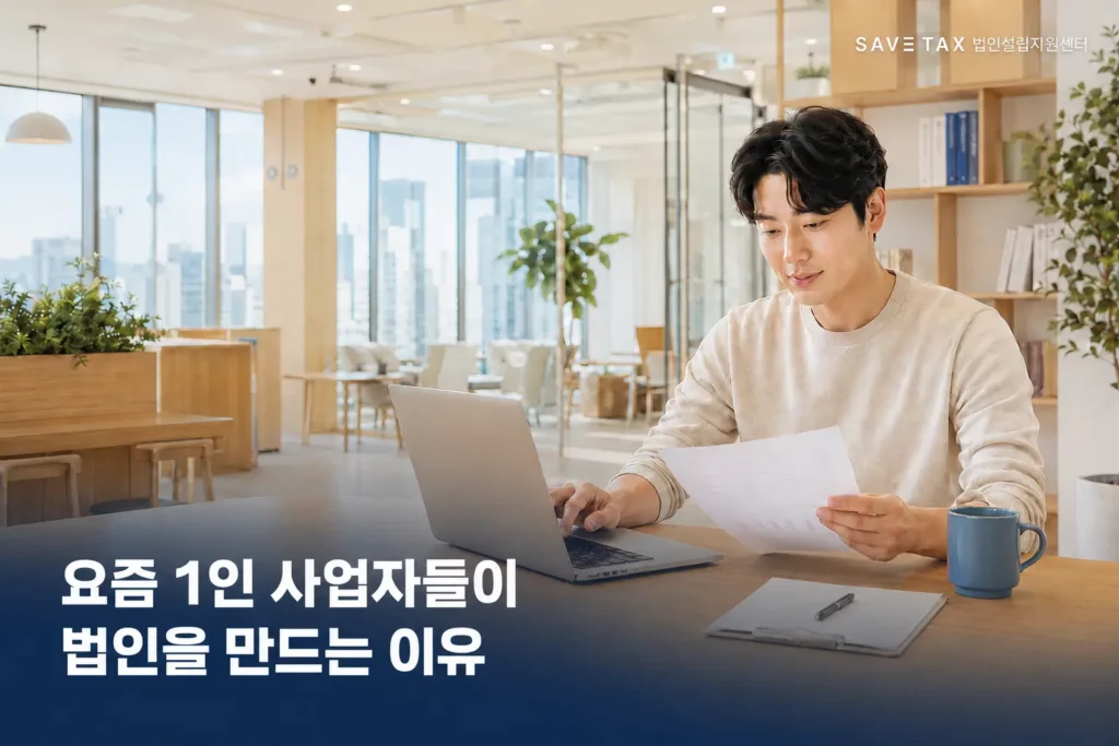 밝은 사무실에서 법인설립 자료를 확인하는 1인 사업자와 요즘 1인 사업자들이 법인을 만드는 이유 문구