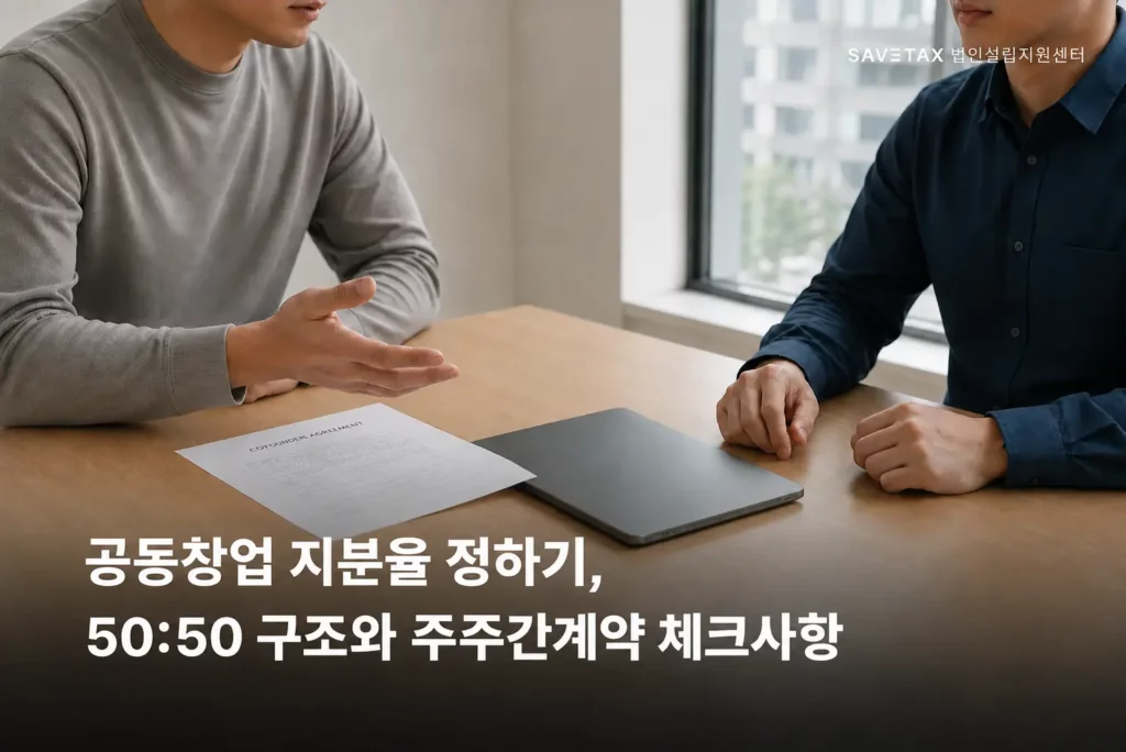 공동창업자 두 명이 50대 50 지분 배분을 논의하는 모습