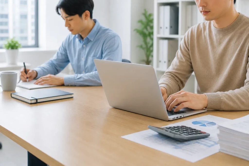 공동창업자들이 노트북과 사업자료를 보며 각자의 업무를 진행하는 모습