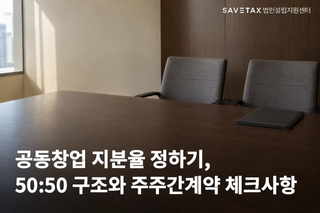 의자 두 개와 서류철이 놓인 빈 회의실에 ‘공동창업 지분율 정하기, 50:50 구조와 주주간계약 체크사항’ 문구가 적힌 이미지