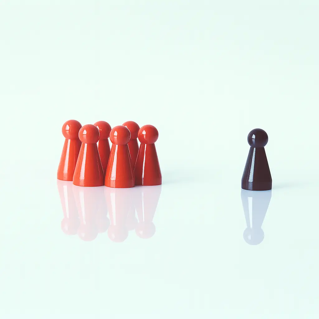 여러 개의 빨간색 게임 말이 모여 있는 반면, 하나의 검은색 게임 말이 떨어져 따로 서 있는 모습을 보여주는 미니멀한 이미지