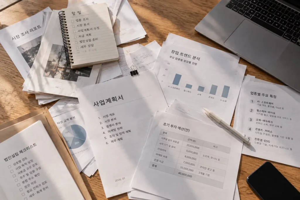 2026년 창업 업종 트렌드와 사업계획을 검토하는 업무용 책상