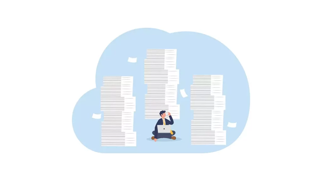 복잡하고 방대한 서류 더미 사이에서 고민하는 창업자의 모습을 통해, 법인설립 과정의 어려움을 해결해 주는 세이브택스 법인설립지원센터의 필요성을 강조하는 일러스트