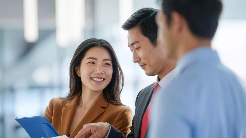 세이브택스 법인설립지원센터의 전문가가 고객과 함께 서류를 검토하며 밝은 표정으로 친절하게 법인설립 상담을 진행하는 모습