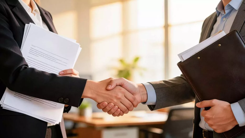 성공적인 법인설립 절차를 마친 후, 세이브택스 법인설립지원센터 전문가와 고객이 신뢰를 바탕으로 서류를 든 채 악수를 나누는 모습
