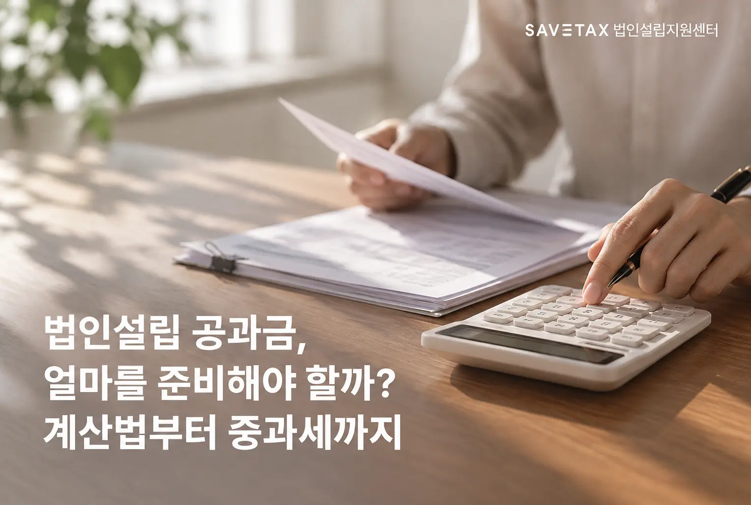계산기로 법인설립 공과금을 계산하는 모습