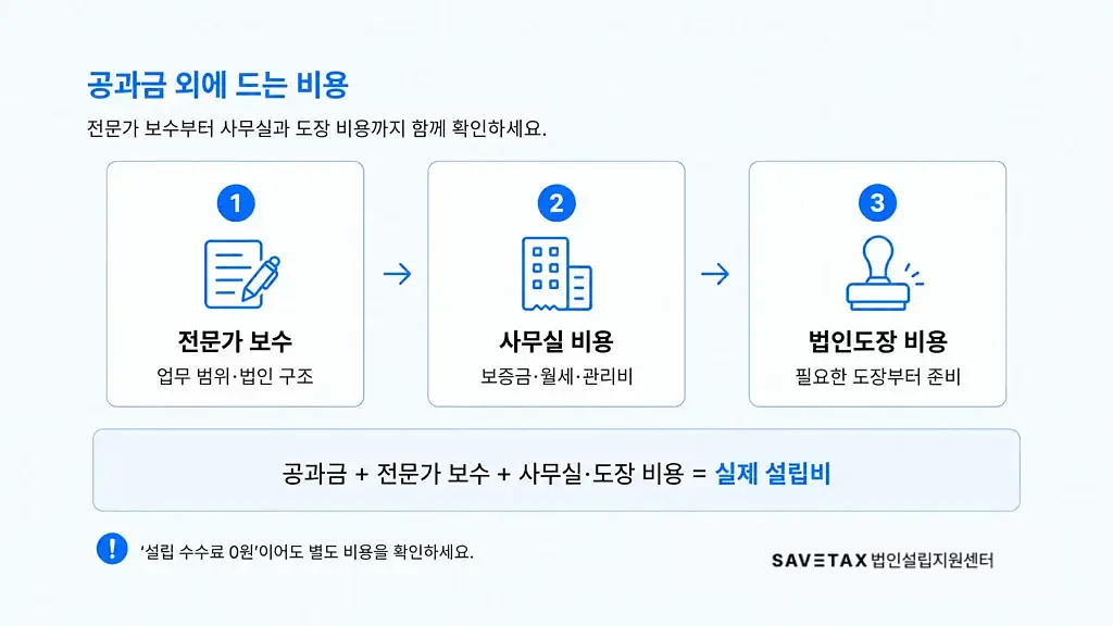 법인설립 공과금 외에 드는 전문가 보수, 사무실 비용, 법인도장 비용