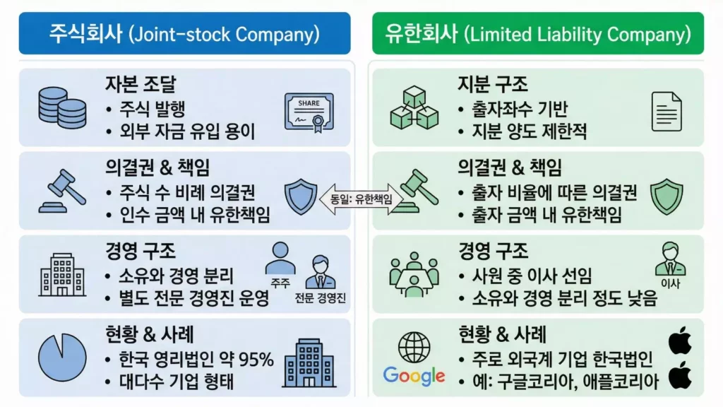 주식회사와 유한회사의 차이점을 자본 조달, 의결권, 경영 구조, 현황 등 4가지 기준으로 비교한 인포그래픽