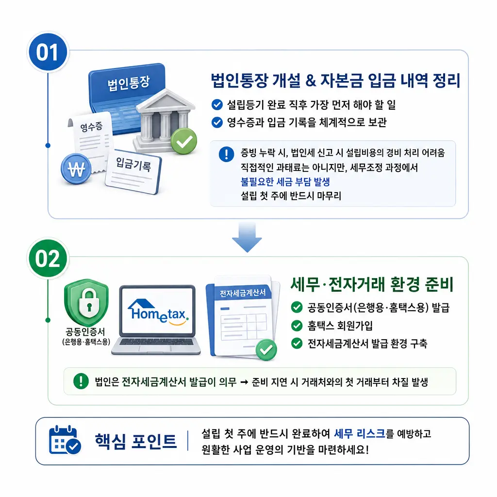 성공적인 법인설립 절차 중 등기 완료 직후 필수인 법인통장 개설과 자본금 입금 내역 정리, 홈택스 세무 환경 준비 과정을 설명하는 인포그래픽 슬라이드. 영수증 등 증빙 누락 시 법인설립 비용의 경비 처리가 어려울 수 있음을 강조함