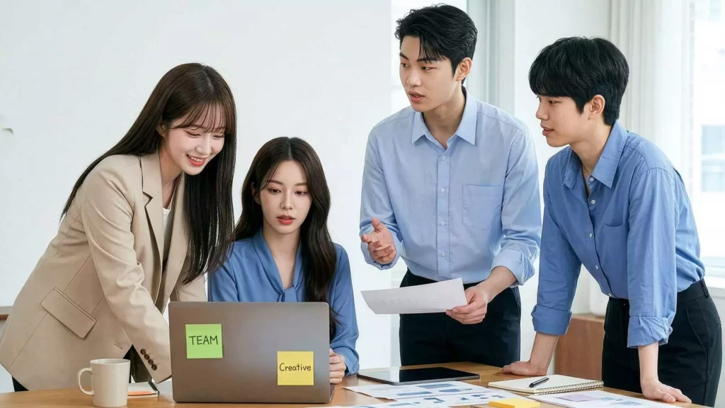 네 명의 전문가가 노트북을 중심으로 모여 앉아 성공적인 법인 설립 컨설팅을 위해 자유롭게 의견을 나누며 논의하는 모습