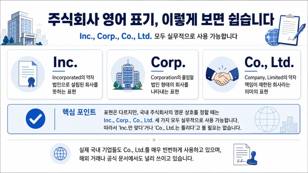 주식회사를 영어로 표현할 때는 Inc., Corp., Co., Ltd.가 모두 사용됩니다.