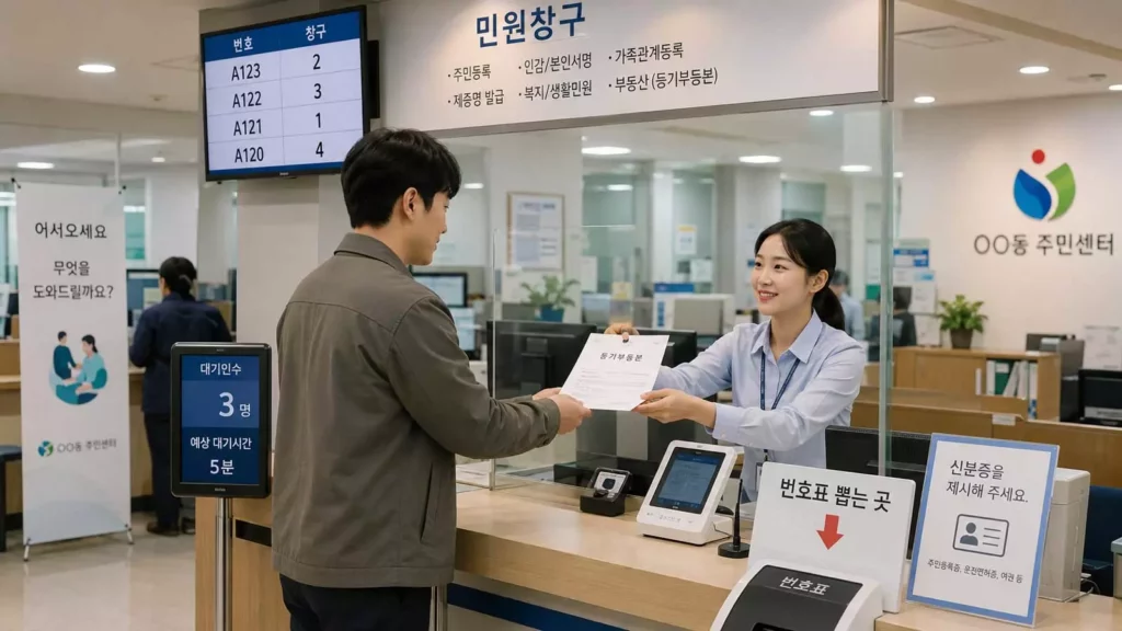주민센터 민원창구 또는 등기소 방문을 통한 등기부등본 오프라인 발급 및 수령 모습