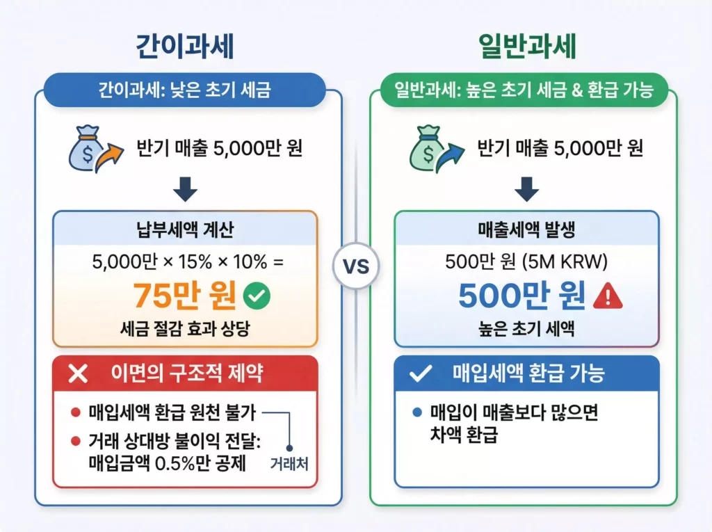 스마트스토어 초기 창업자를 위한 간이과세와 일반과세의 부가가치세 세액 계산 및 매입세액 환급 차이 비교 인포그래픽