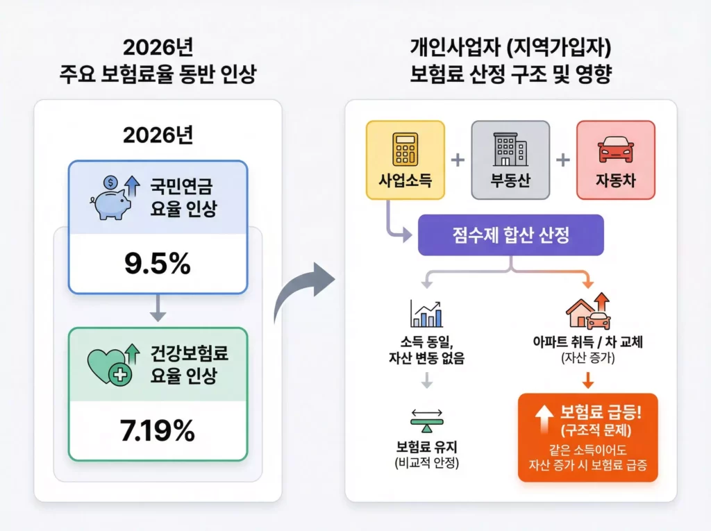 2026년 국민연금 및 건강보험료 요율 인상 현황과 자산 증가에 따라 보험료가 급증하는 개인사업자 지역가입자의 점수제 합산 산정 구조를 설명하는 인포그래픽