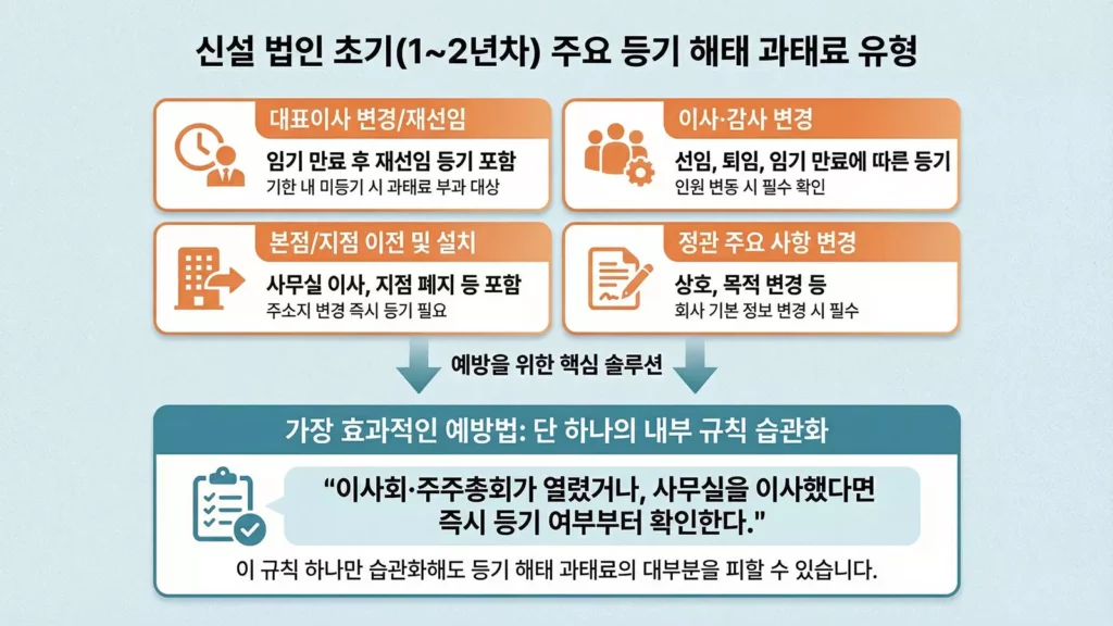 신설 법인 초기(1~2년 차)에 주의해야 할 대표이사 및 임원 변경, 본점 이전 등 주요 등기 사항을 정리한 인포그래픽. 법인설립 절차 완료 후 발생하는 변경 사항을 즉시 등기하여 불필요한 과태료 지출 등 법인설립 비용 외의 리스크를 예방하는 솔루션 제시