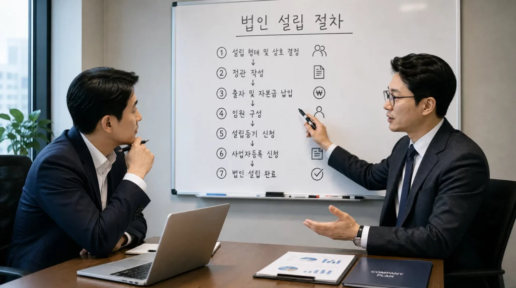 스마트스토어 매출 성장에 따른 법인 전환을 위해 화이트보드에 적힌 7단계 법인 설립 절차를 검토하는 비즈니스맨들