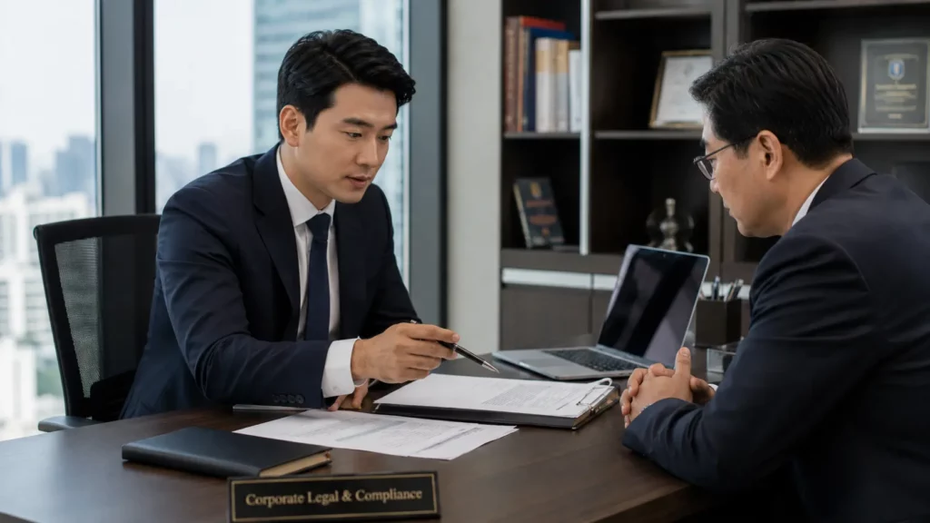 비상장주식 양도 절차와 세금 신고 상담을 위해 전문 세무사와 대면 컨설팅을 진행하고 있는 비즈니스 미팅 모습