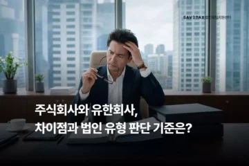 세이브택스(SAVETAX) 법인설립지원센터의 전문가가 주식회사와 유한회사 사이에서 고민하는 기업가의 모습과 함께 법인 유형 판단 기준에 대해 설명하는 이미지