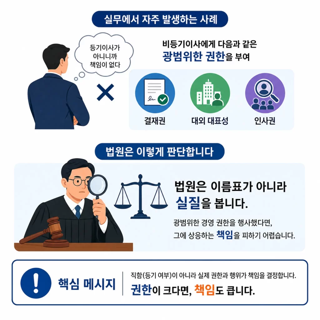  비등기이사에게 광범위한 결재권·대외대표성·인사권을 부여했을 때 직함과 상관없이 실질적인 경영 권한에 상응하는 법적 책임을 묻는 법원의 판단을 설명하는 인포그래픽