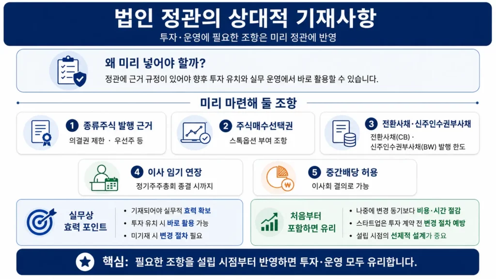 투자 유치 및 법인 운영을 위한 정관 상대적 기재사항 스톡옵션 전환사채 조항 인포그래픽