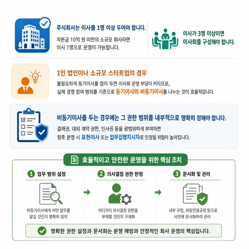 주식회사의 이사 선임 기준 및 소규모 법인의 이사회 운영 부담을 줄이기 위한 등기이사와 비등기이사의 효율적인 역할 분담, 명확한 권한 설정을 위한 3단계 핵심 조치 안내 인포그래픽