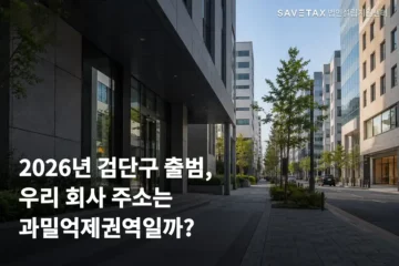 사무실 건물이 늘어선 거리와 ‘2026년 검단구 출범, 우리 회사 주소는 과밀억제권역일까?’ 문구