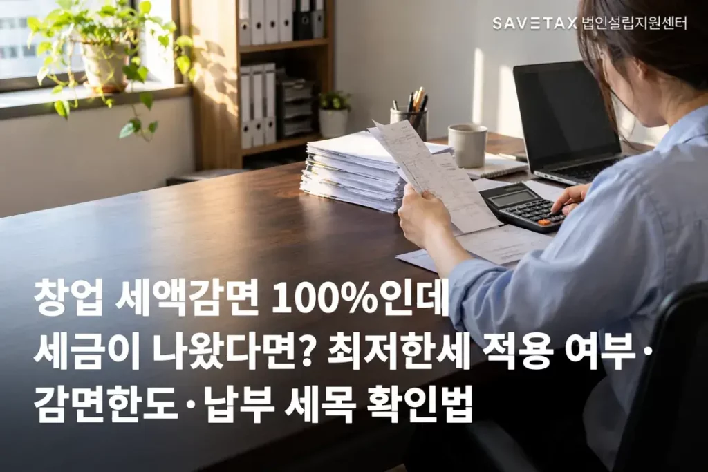 세무 서류를 검토하는 사람과 ‘창업 세액감면 100%인데 세금이 나왔다면?’이라는 제목