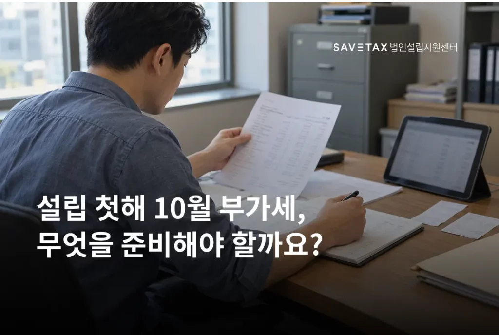사무실에서 서류를 검토하는 모습과 ‘설립 첫해 10월 부가세, 무엇을 준비해야 할까요?’라는 제목