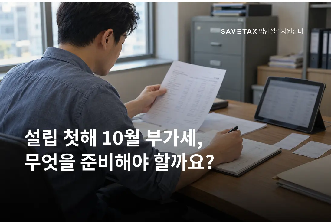 사무실에서 서류를 검토하는 모습과 ‘설립 첫해 10월 부가세, 무엇을 준비해야 할까요?’라는 제목